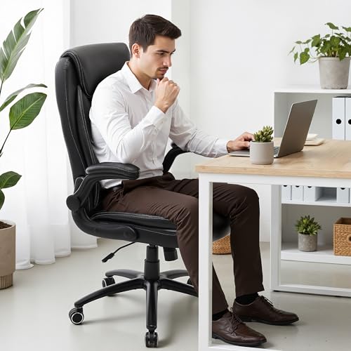Ergonomic PU Leather Office Chair with Flip-Up Armrests, Reclining Backrest, Adjustable Height & Tilt Tension, Thick Padded Seat, Breathable Leather, 300LBS Capacity Executive Desk Chair,Black - Image 3
