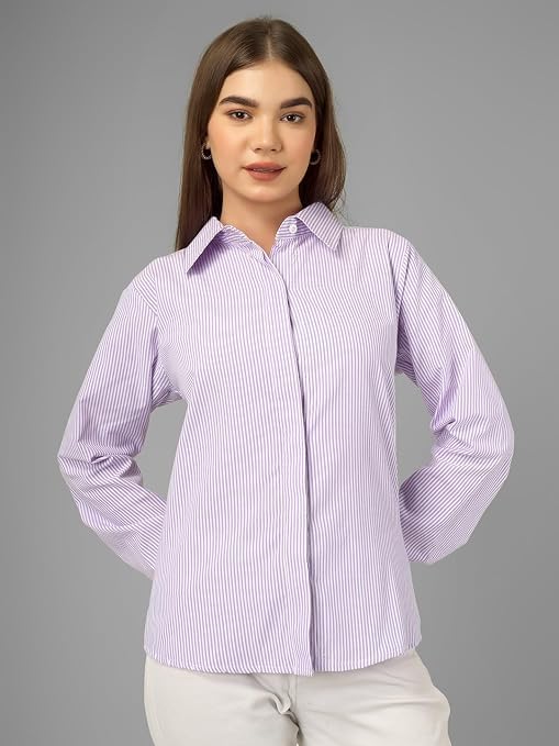 Image of Womens /GirlsClassic Lining Shirt for Women Cotton | Women's Striped Style top | Full Sleeve, Relaxed fit, Button-Down Casual Shirt for Girls & Women
