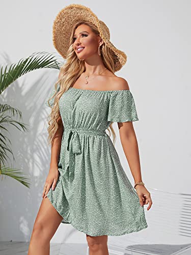 Image of Off Shoulder Ruffle Dress for Women, A-Line Mini Dress with Belt, Fitted Bust Summer Wedding Guest Dress
