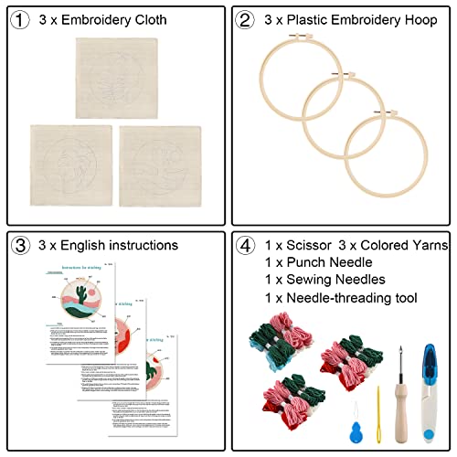 Image of Anidaroel 3 Sets Punch Needle Kits - Beginner Adults Kit with Fabric, Hoops, Yarns and Sewing Needles