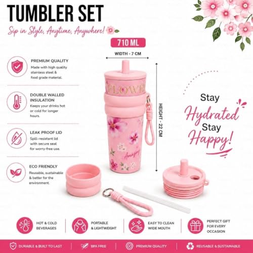 Image of STARFLYER Stylish Reusable Drinking Cup for Water, Juice & Cold Beverages | Portable Travel for Home, Office & Daily Use. (700ml-Pink Flower Tumbler)