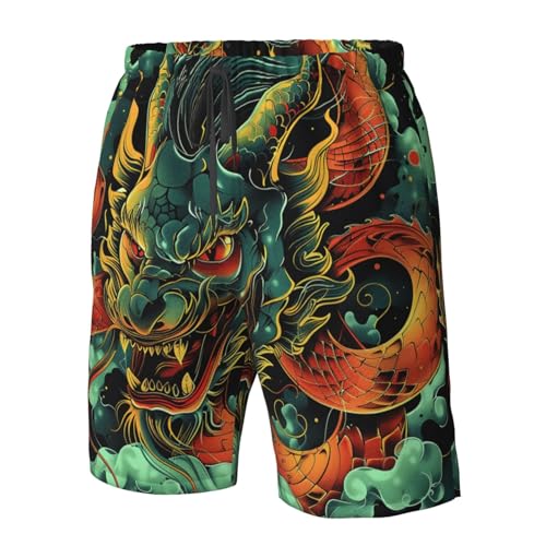 Men's Quick Dry Swim Shorts Demon Dragon Asian Japanese Style Green Beach Trunks with Pockets4