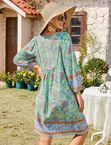 Image of Bluetime Women Casual Summer Dress Boho V Neck 3 /4 Sleeve Babydoll Floral Print Flowy Beach Dress