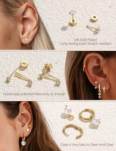 LOLIAS Hypoallergenic Gold Flat Back Earrings for Women-Surgical Stainless Steel Earrings Stacks 20G 14K Gold Hoop Stud Cartilage Earring Flatback Stud Earring Sets for Multiple Piercing Jewelry4