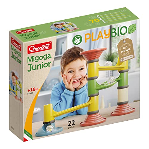 Quercetti PlayBio Migoga Junior Marble Run - 22 Large Elements Includes 3 Marbles with Bells for Sound, for Kids Ages 18 Months and up, Multicolor