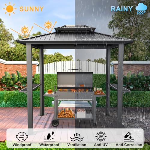 Hoteel 6x8 Hardtop Grill Gazebo, Outdoor Patio BBQ Gazebo with Galvanized Steel Double Roof, Hardtop Barbecue Canopy with 2 Side Shelves for Deck Lawn Backyard Garden,Black by Hoteel - Used condition - Image 5