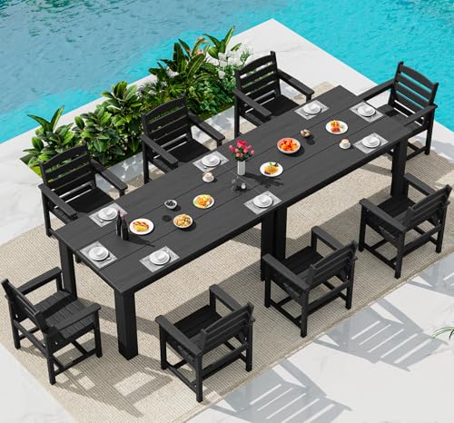 Image of SERWALL Outdoor Dining Set for 8, w / 2 Tables & 8 Armchairs, Black