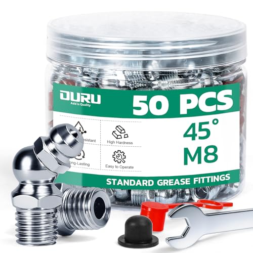 Image of OURU 50PCS M8 METRIC Grease Fittings Kit, Zerk Grease Fittings 45 Degree with Grease Fitting Caps & Wrench Kit(9mm) for Grease Gun