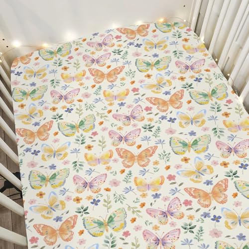 Image of Watercolor Butterflies Spring Floral Baby Crib Sheets Boy Girl 52"x28" Pastel Flowers Leaves Soft Stretchy Fitted Crib Mattress Cover Easter Garden Baby Sheet for Standard Crib and Toddler Mattress