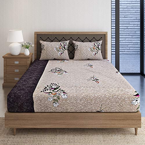 Image of Swayam Pure Cotton Double Bedsheet with 2 Pillow Covers | Size 90 x 100 inch | 160 TC | Floral Design | Soft Breathable Bed Sheet | Comfortable & Durable for Bedroom - Light Brown