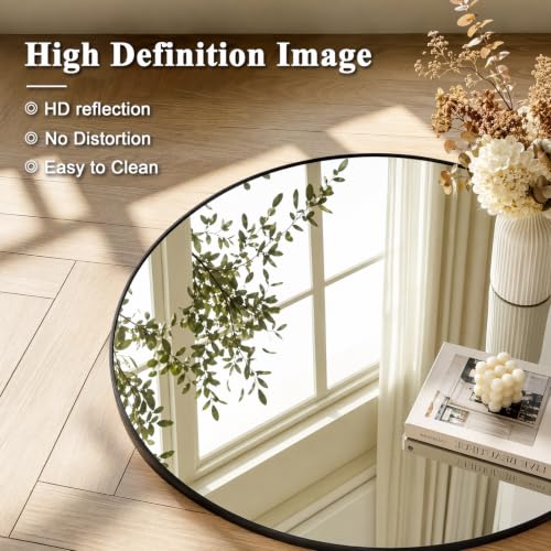 Image of Easly 40 Inch Round Mirror, Black Metal Frame Wall Mirror for Bathroom