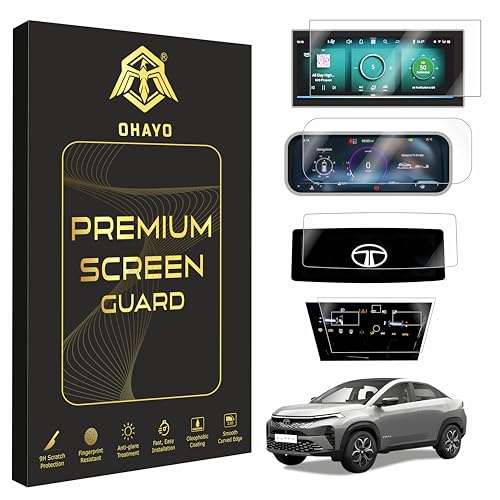 Image of OHAYO 4 Pack Car Display Screen Protector for Tata Curvv 2024 Accomplished S, Creative+S - 10.25 inch Infotainment, Instrument Cluster, Steering & AC Panel Protection | 9H Hardness, Military Strength, Scratch Resistant, Ultra-Clear, Bubble-Free, Not Tempered Glass