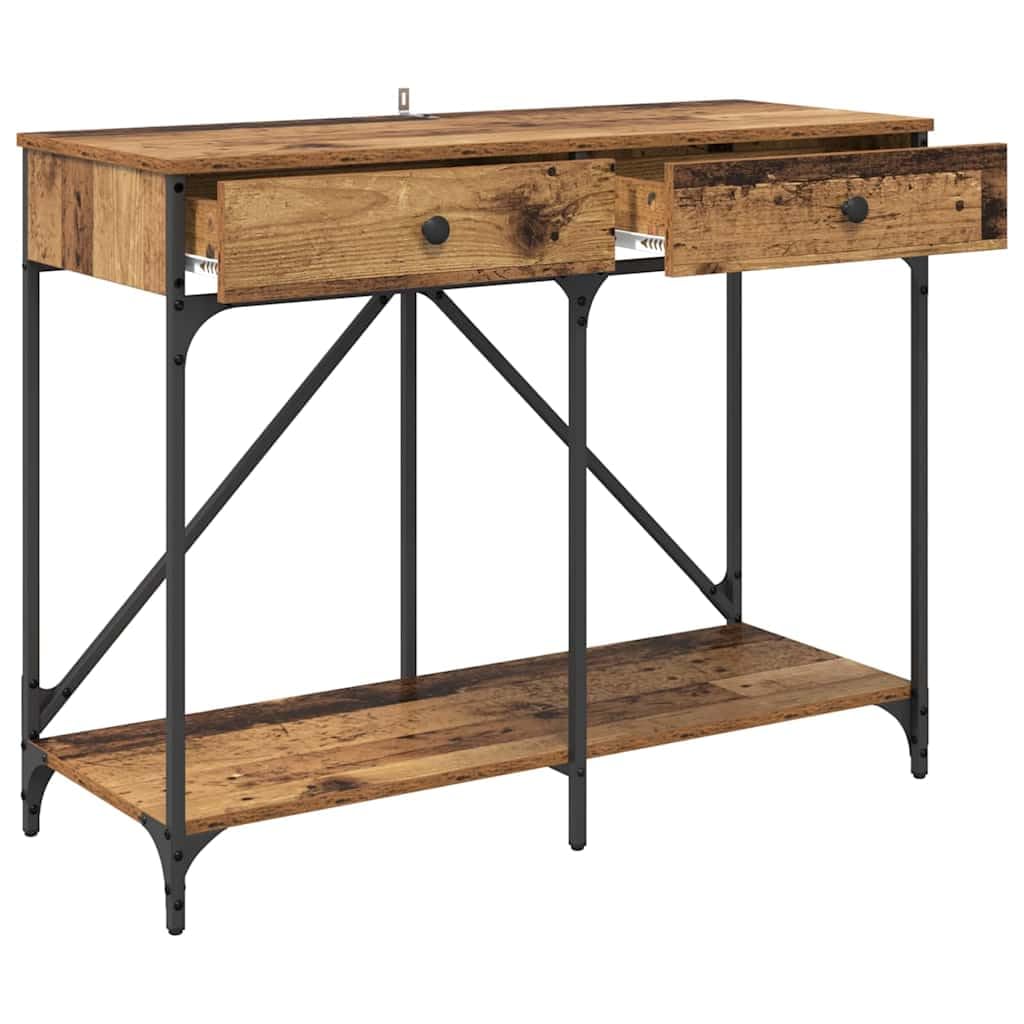 Consolle in legno anticato, 100 x 39 x 78,5 cm, con cassetto e scaffale, stabile struttura in metallo, tavolino rustico per corridoio, soggiorno, camera da letto, pratico
