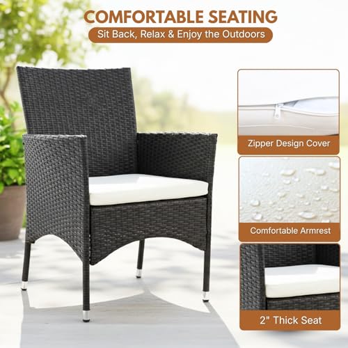 Image of DEVOKO Wicker & Rattan Outdoor Patio Dining Arm Chair With Cushion For Garden, Balcony, Terrace, Poolside, Lawn, Backyard (Black & White ), 83.82 cm, 55.88 cm, 58.42 Cm