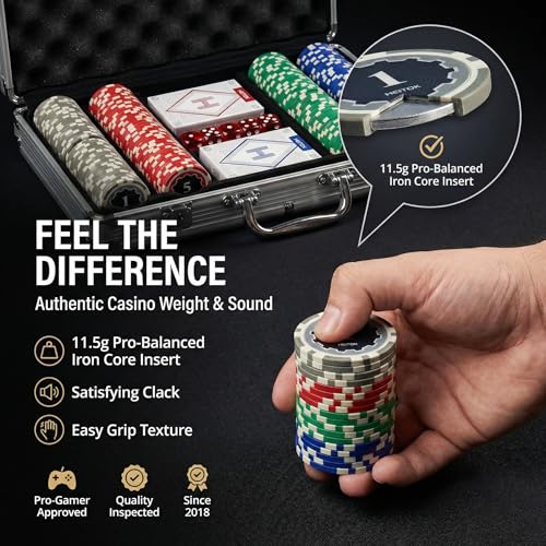 HEITOK Pokerkoffer Set 1000 Chips 11,5g | Eisenkern Chips im Aluminiumkoffer | Inkl. 2 Spielkarten Decks, Würfel & Dealer Button | Für Texas Hold'em & Casino Abende