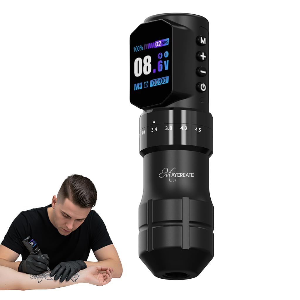 MAYCREATE® ArtFlex cordless tattoo pen with LCD screen, 7-step adjustable stroke from 2.3mm to 4.5mm, 2000mAh USB rechargeable battery, low noise rotary design compatible with tattoo cartridges-image-0