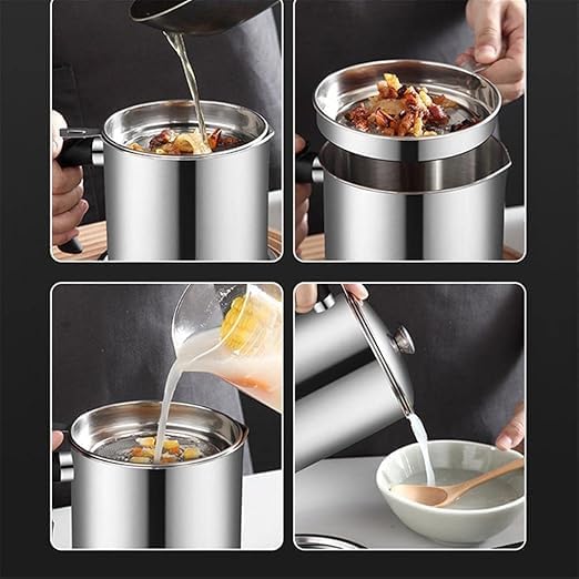 Image of Stainless Steel Oil Filter Pot with Removable Mesh Strainer 1.4L Grease Storage Can Anti-Oil Reusable Cooking Oil Container with Handle and Lid for Kitchen Use