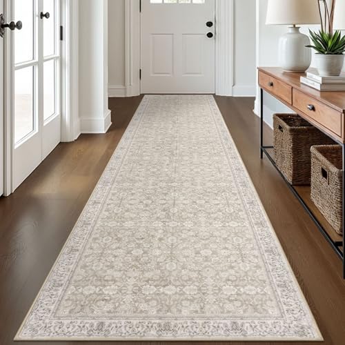 2.6x12 Cream Beige White Grey Washable Runner Rug for Kitchen, Soft Classic Runner with Non-Slip, Non-Shedding Distressed Floral Rug for Hallways Entryway Bedroom Laundry Indoor