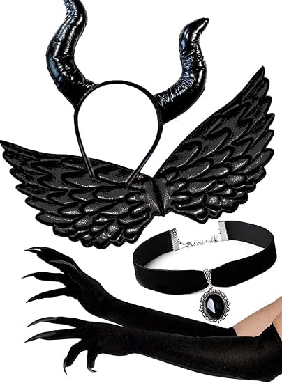 Lange Fingernägel Handschuhe, Schwarze Teufel Kostüm Damen Zubehör mit Lange Nagelhandschuhe, Teufel Stirnband, Flügel, Halskette, Teufel Kostüm...