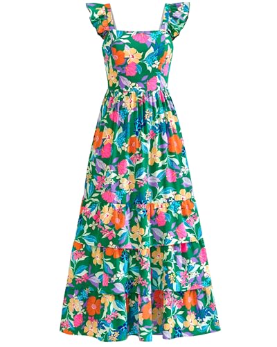dowerme Summer Dresses for Women 2025 Casual Ruffle Smocked Tiered A-Line Boho Floral Maxi Beach Sun Dress with Pockets