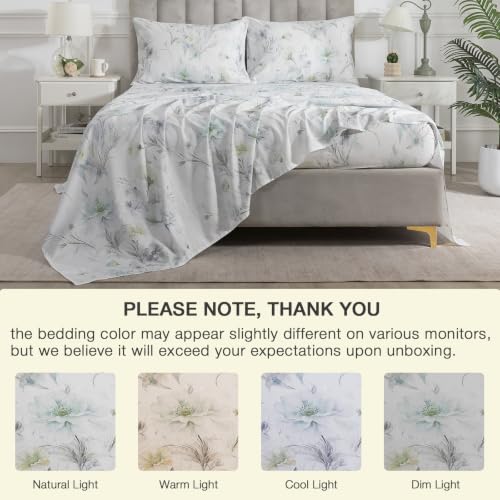 Image of Vintage Green Floral Percale Bed Sheets Full Size Deep Pocket 4Pcs | 100% Cotton Flower Farmhouse Sheet Set, Peony Print Cottagecore Sheets, Luxury Designer Bedding, Aesthetic, Soft Crisp, White