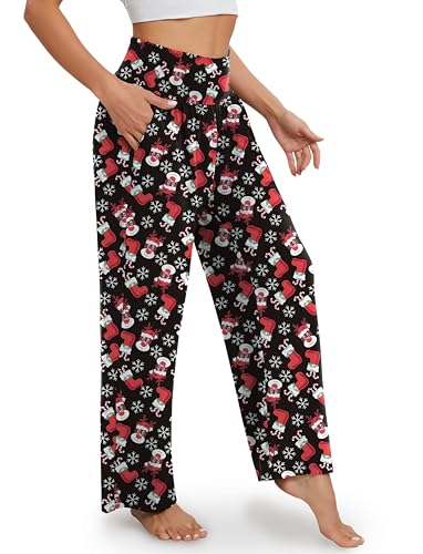 Image of Gracyoga Christmas Pajama Pants for Women Winter High Waist Wide Leg Yoga Pants Lounge Flowy Pants Trendy with Pockets L