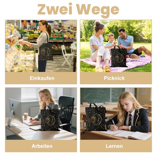 Yoljun Tote Bag Schwarz Stern Mond Motiv, Canvas Stofftasche Damen, Baumwolltasche Beutel, Geschenke Tasche Geschenk für Arbeit Reisen
