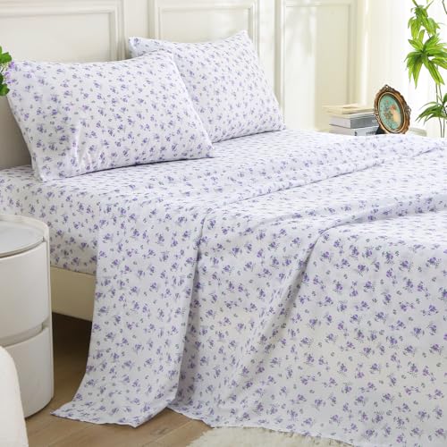 Image of MUXHOMO King Size 4 Piece Sheet Set, Soft & Breathable Sheet for Bedroom with Deep Pocket Up to 16 inch, Wrinkle-Free & Cooling Bed Sheets with Flat Sheet, Fitted Sheet & Pillowcases - Lavender Sprig