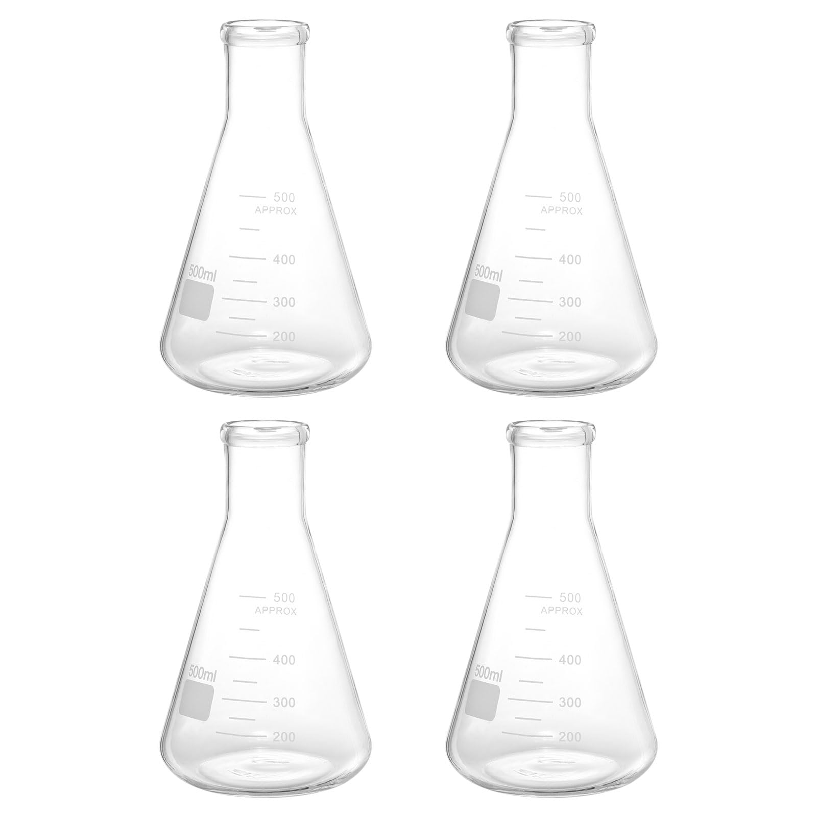 PATIKIL Erlenmeyer-Kolben, 4 Stück 500 ml Schmale Mundgraduierte Kolben aus Borosilikatglas mit aufgedruckter Graduierung für Labor, Experiment, Chemie, Wissenschaftsstudium