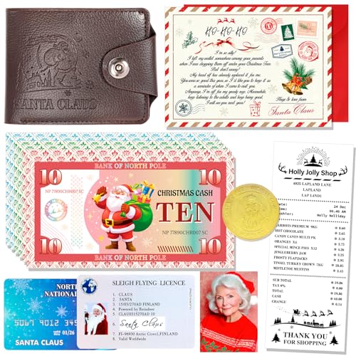 HOWAF Santas Lost Wallet Evidence Kit-Include Sleigh Flying License Bank Card 6pcs North Pole Money Shopping Receipts Letters Photo for Magical Christmas Eve Set Surprises Santa Claus Accessories