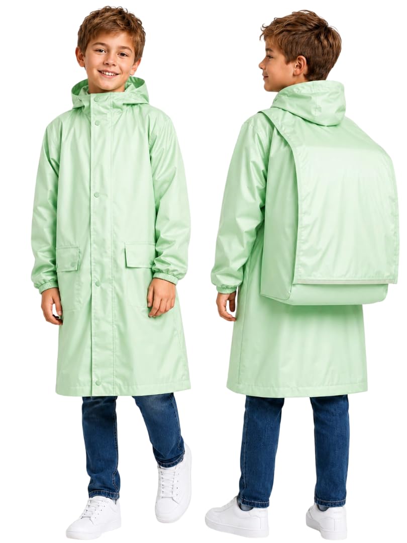 Krystle Kids Waterproof Raincoat with School Bag Cover | Full-Length Hooded Raincoat | Front & Back View (Green,Multisize)-image-39