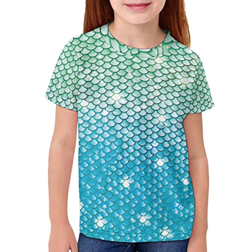 JooMeryer Girls 3D Print Mermaid Tail Fish Scales Print T-Shirts Short Sleeve Summer Casual Tee