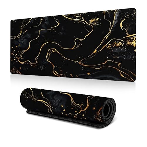 GUSXPPD Large Gaming Mouse Pad, 80x30cm Mouse Mat XXL Non-Slip Computer Game Mouse Mat Desk Mat Desk Pad with Stitched Edges for Office and Home (Black-Gold, 90x40cm)