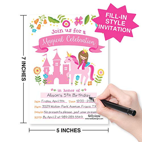 25 Princess Unicorn Party Invitation, Royal Queen Crown Little Girl Birthday Invite, Kids Magical Castle Themed Bday Supply Idea, Enchanted Tiara Fairytale Floral Printed Or Fill In The Blank Card #TOP1