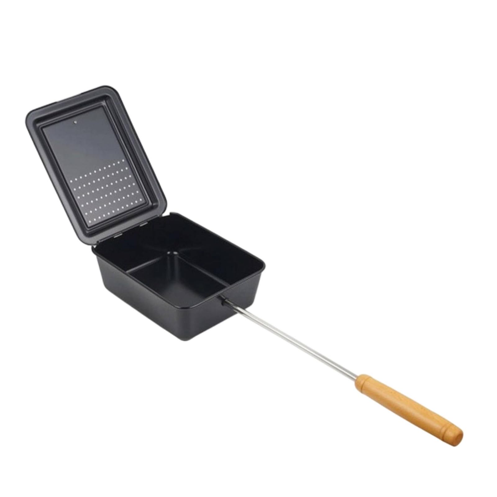 MERIGLARE Poêle à Frire Camping avec Couvercle Haché Poêlon en Fer avec Revêtement Antiadhésif et Poignée en Hêtre Plat Cuisson Portable avec Sac Rangement Adapté aux Camping