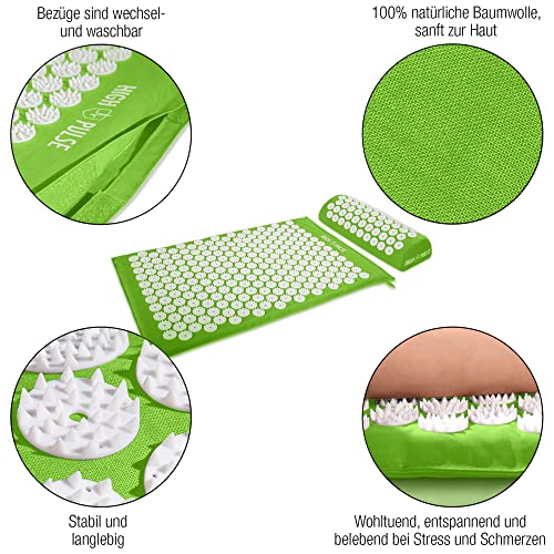 High Pulse Akupressurmatte mit Kissen und 5 Ringen - Komplettset zur Muskelentspannung und Durchblutungsförderung - Massagematte 67 x 42 cm aus Baumwolle mit Poster für Rücken und Nacken - Graun