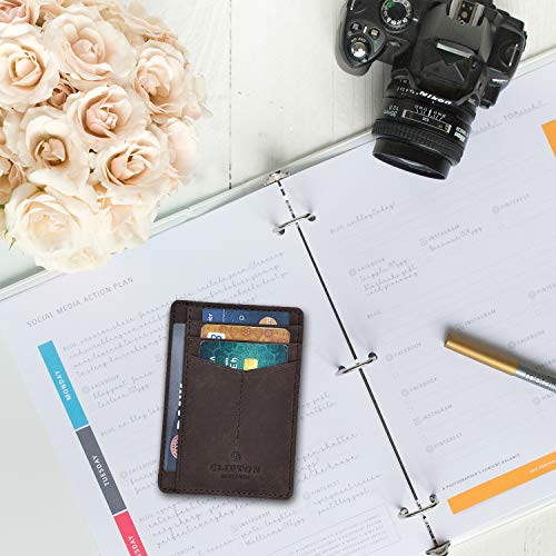 Leather Minimalist Wallet for Men & Women RFID Front Pocket Leather Card Holder Wallets (Mid Brown, Small)