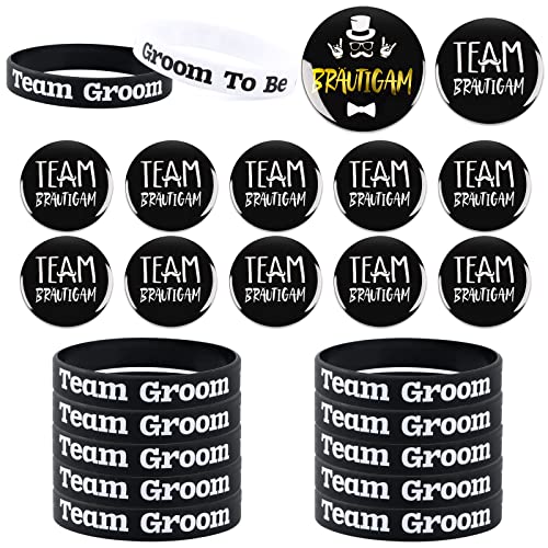 24Pcs JGA Deko Männer Bräutigam Button, Männer Armbänder, 1 Groom mit 11 Team Groom Junggesellenabschied JGA Accessoires Abzeichen Mitgebsel Partyzubehör Schwarz Cover