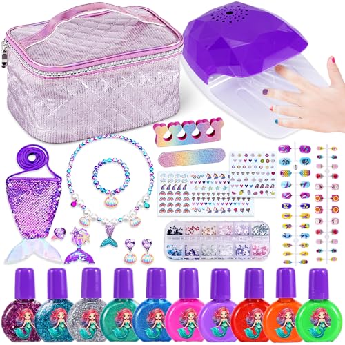 Lubibi Sirena Set de Manicura para Niña,Set de Esmalte de Uñas para Niños,pintauñas niñas,set manicura,Secador de Uñas, Pegatinas,Joyas de sirena,Bolsos de sirena,regalo niña 3 4 5 6 7 8 9 10 años