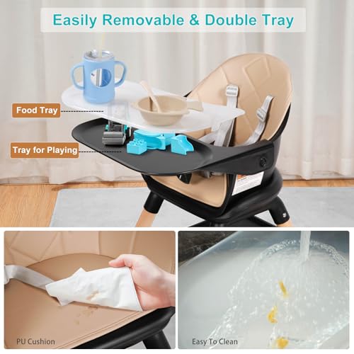 Image of High Chair, 6 in 1 Wooden Convertible High Chairs for Babies and Toddlers, Booster Seat with Double Tray & Reversible Footrest Baby Highchair, 5-Point Harness Baby Feeding Chair, Black