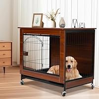 Hundekäfig Möbel, 78cm Moderner Holz-Hundebox Indoor, Multifunktionaler Hundehaus für Zuhause mit Laufrollen & Abnehmbarer Schale, Geeignet für kleine/mittelgroße Hunde, 78x55x73 cm, Vintagebraun