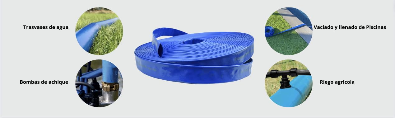 Manguera Plana de PVC Azul de DN38mm con abrazaderas. (38mm T100m.)