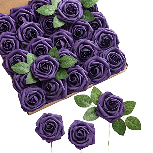 Lings Moment Artificial Flowers 25Pcs Deep Purple Roses Decor w Stems