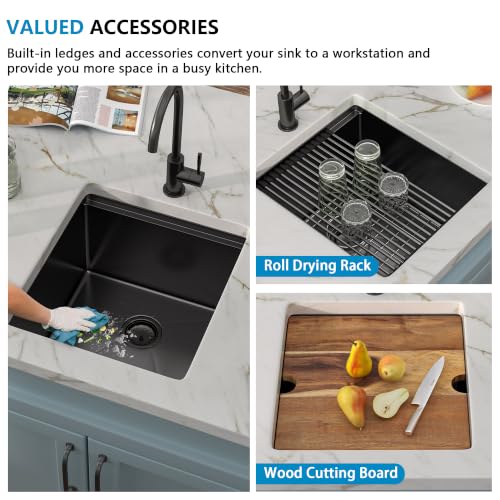 Image of 17 inchx19 inch Black Bar Prep Sink Undermount Workstation | Gunmetal Black NANO-PVD 16 Gauge T304 Stainless Steel Single Bowl Under Counter Basin for RV Kitchen Wet Bar Prep Station