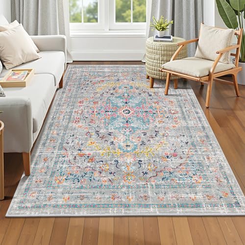 Pauwer Boho Washable Area Rug 4x6 Soft Living Room Bedroom Floor Carpet Mat Indoor Farmhouse Vintage Non Slip Accent Throw Rugs for Entryway Kitchen Dorm Dining Room