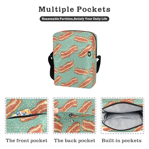 Crossbody Sling Bag Cartoon Bacons Print for Women Men, Small Purse with Phone Card Passport Compartment 6.6×9.4×2.5 IN2