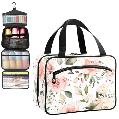 YNNALE Sewing Supply Organizer Bag, Pink Floral Watercolor Flower Portable Sewing Bags with Pockets&Hanger, Sewing Storage Box Case for Sew Supplies/Kit/Tools/Accessories (BAG ONLY)