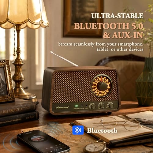 Image of Classic wooden Bluetooth FM radio with 10 watts of powerful sound, retro radio with Bluetooth speaker with amber glowing dial, bass control, Aux input, connector for