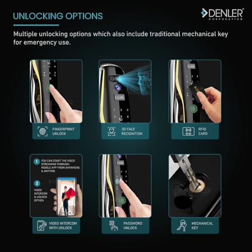 Image of Denler Smart Door Lock with Dual Batteries | 3D Face ID | Fingerprint Door Lock | Anytime Video & Unlock App | LCD Camera | Inbuilt Wi-Fi | Anroid & iPhone Support | RFID Card (Curvy Matt Black)