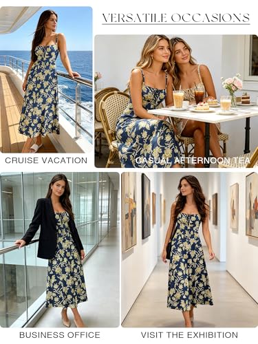 Image of YATHON Women's Summer Midi Corset Boho Dresses Spring Casual Floral Spaghetti Straps Lace Up Dress Flowy Aline Beach Sundress